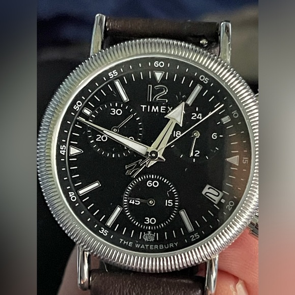 Timex TW2W20600 Men's Waterbury Coin Edge Chronograph Black Brown Band Watch